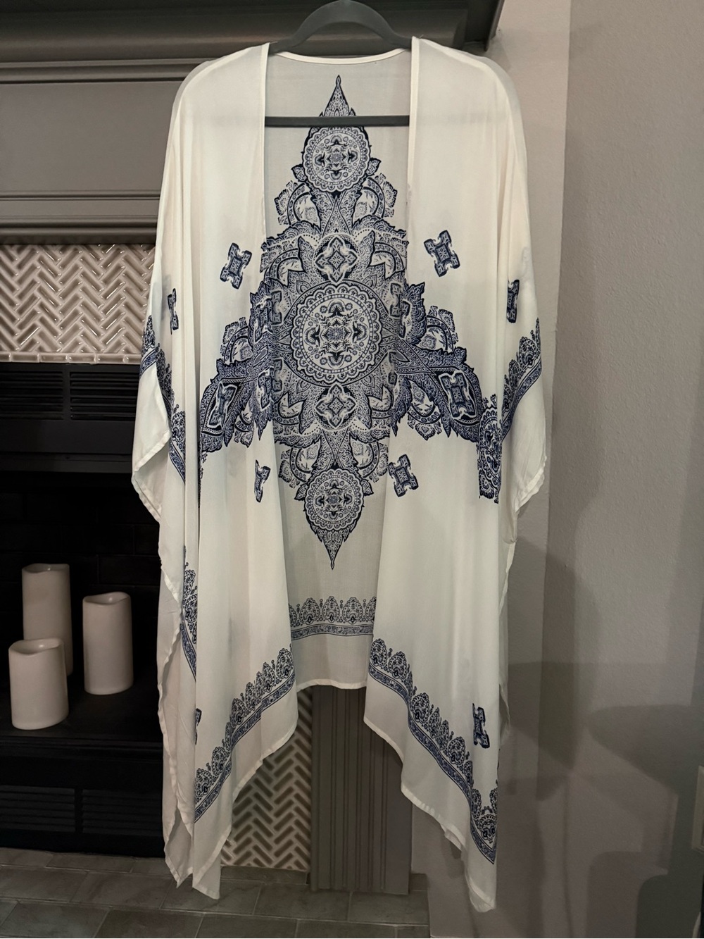White and Navy Printed Kimono Cover-Up